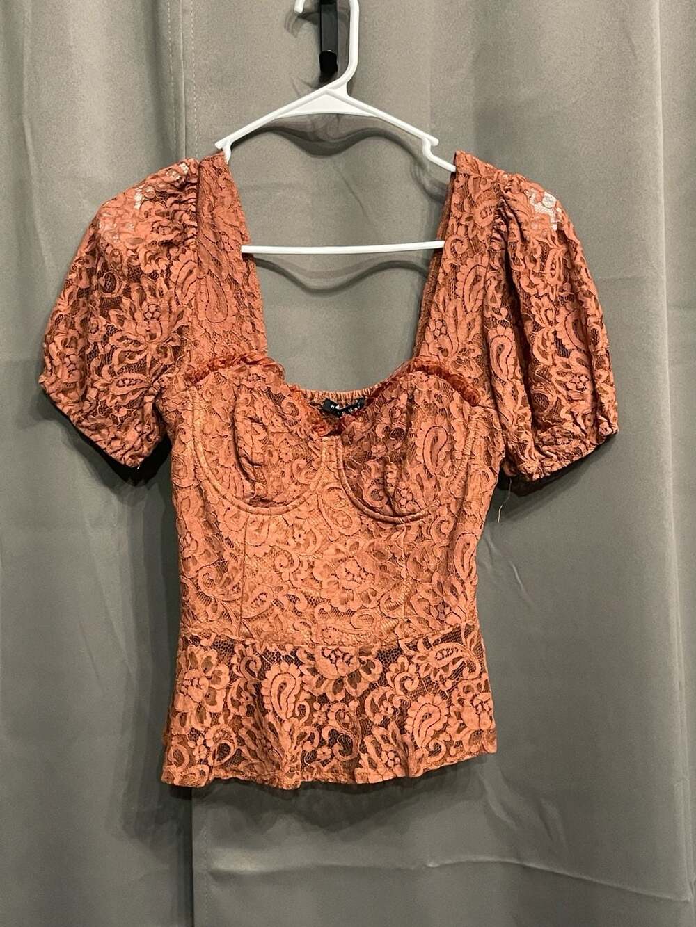 Haute Monde Terracotta Lace Puff Sleeve Square Neck Corset Peplum Blouse